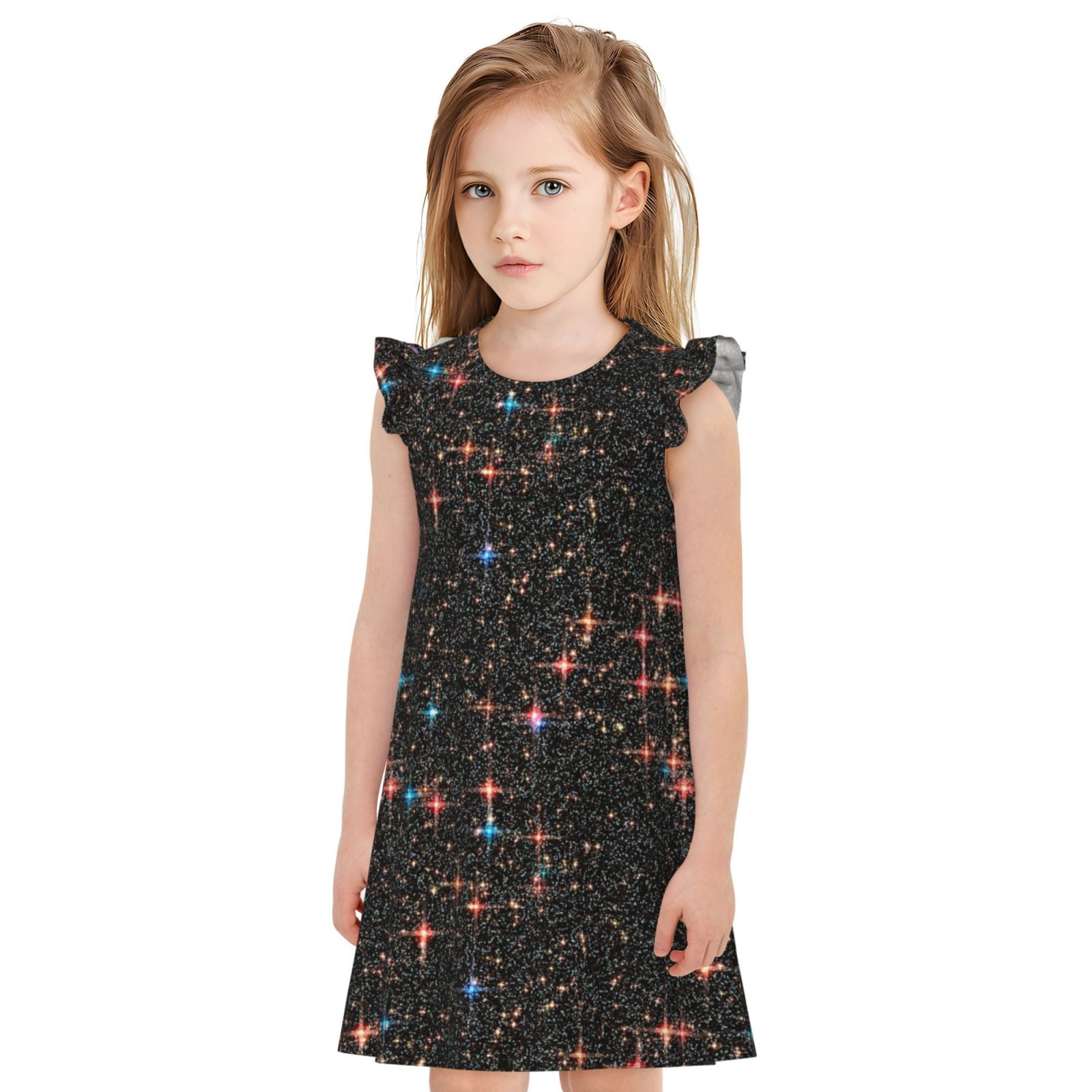 Girls Nightgowns Glitter galaxy sky night black starry Flutter