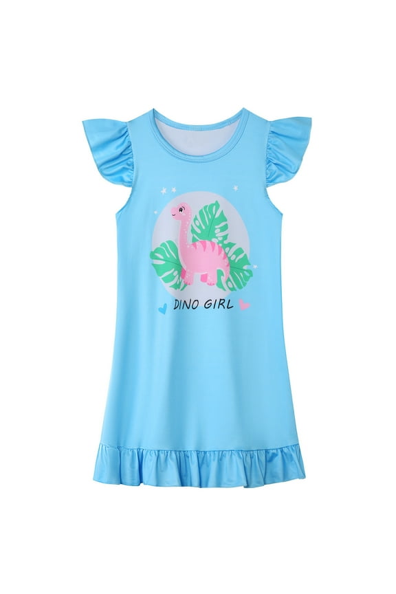 Girls Nightgowns Pajamas Dress Toddler Lounge Sleepwear Dinosaur Flutter Outfit Short Sleeves Night Gowns for Kids #Blue 5-6 Years