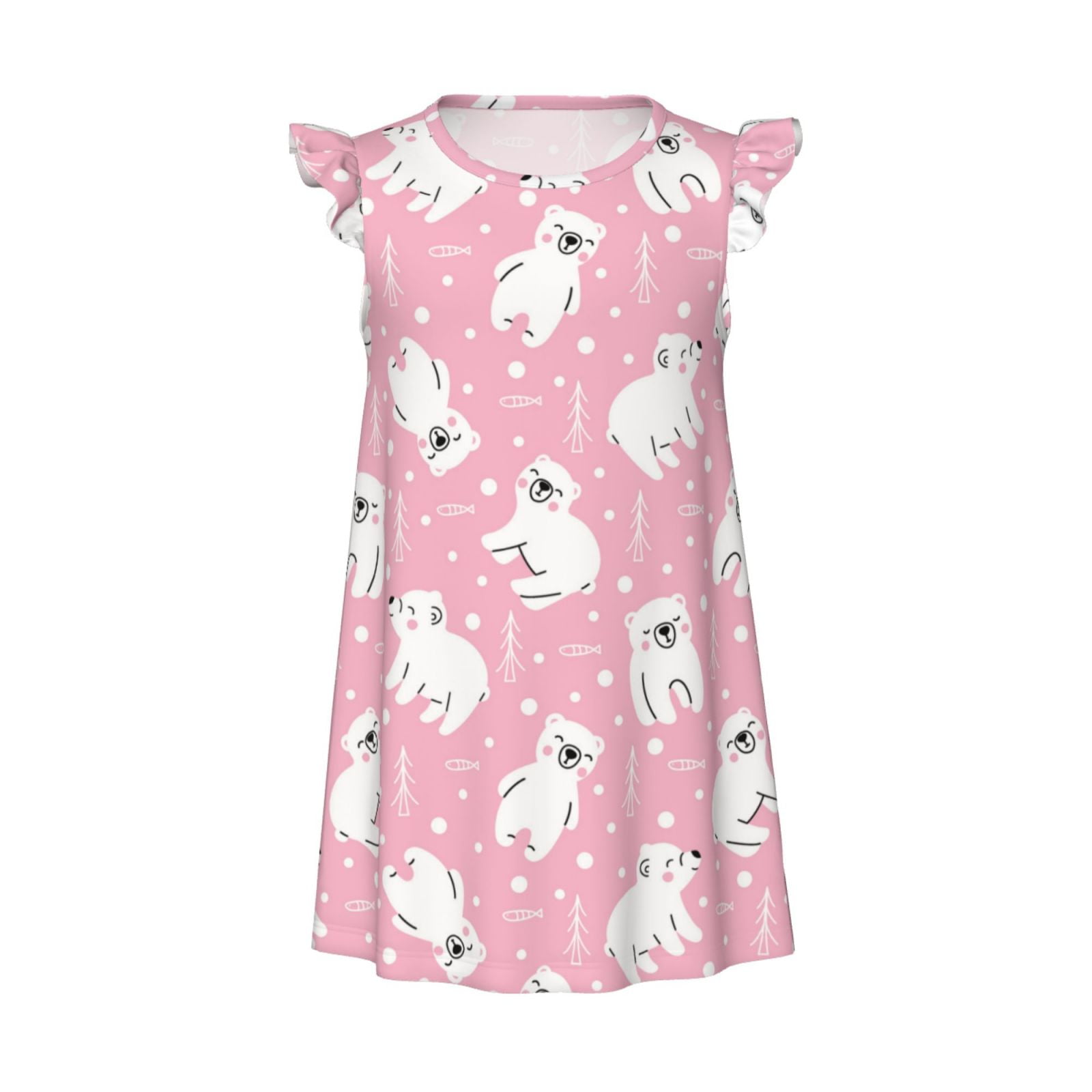 Girls Nightgowns, Pink Cartoon Bear Flutter Sleeves Sleepwear Night