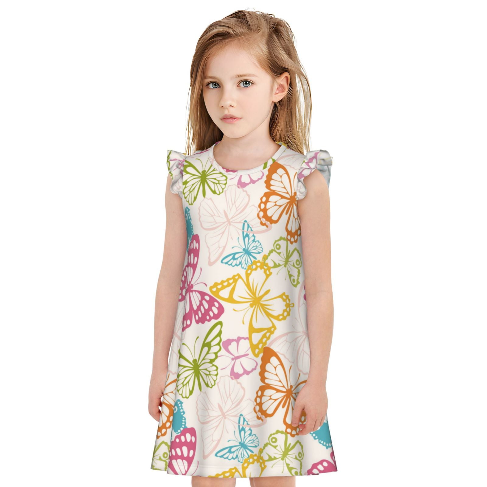 Girls Nightgowns Retro colorful butterfly Flutter Sleeves Sleepwear