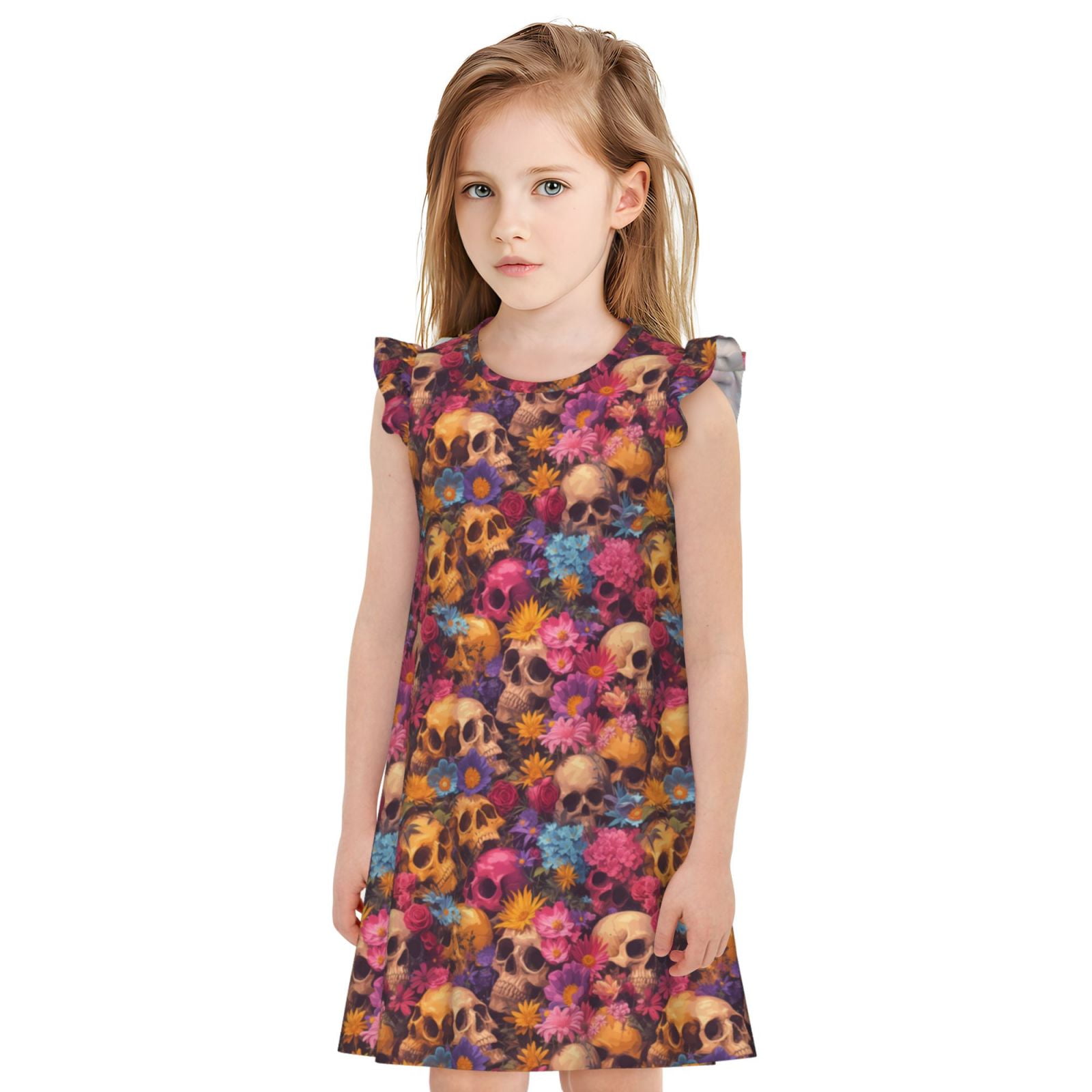 Girls Nightgowns Skull blue daisy flower Flutter Sleeves Sleepwear