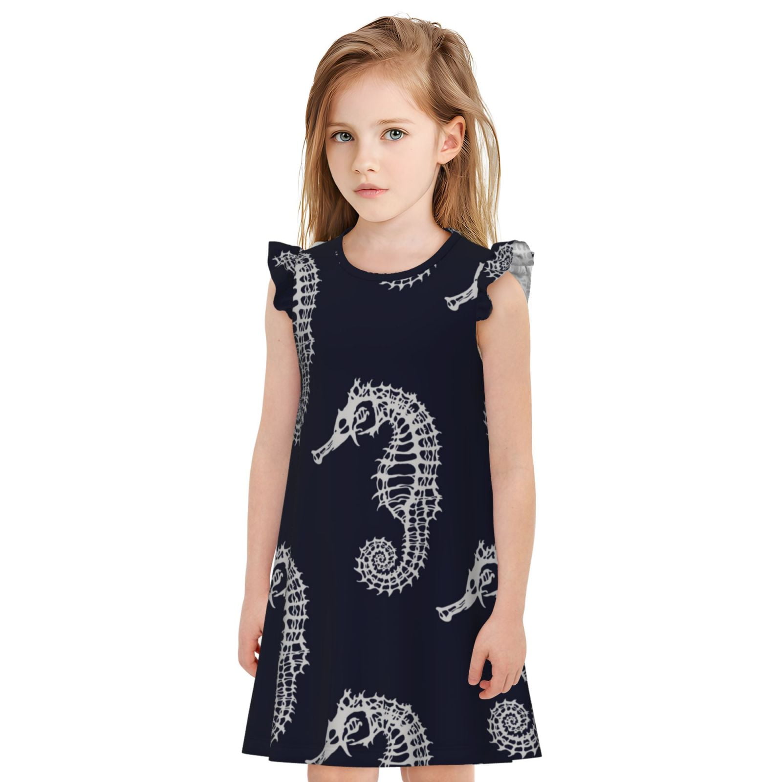 Girls Nightgowns cool Seahorses skeletons print Flutter Sleeves