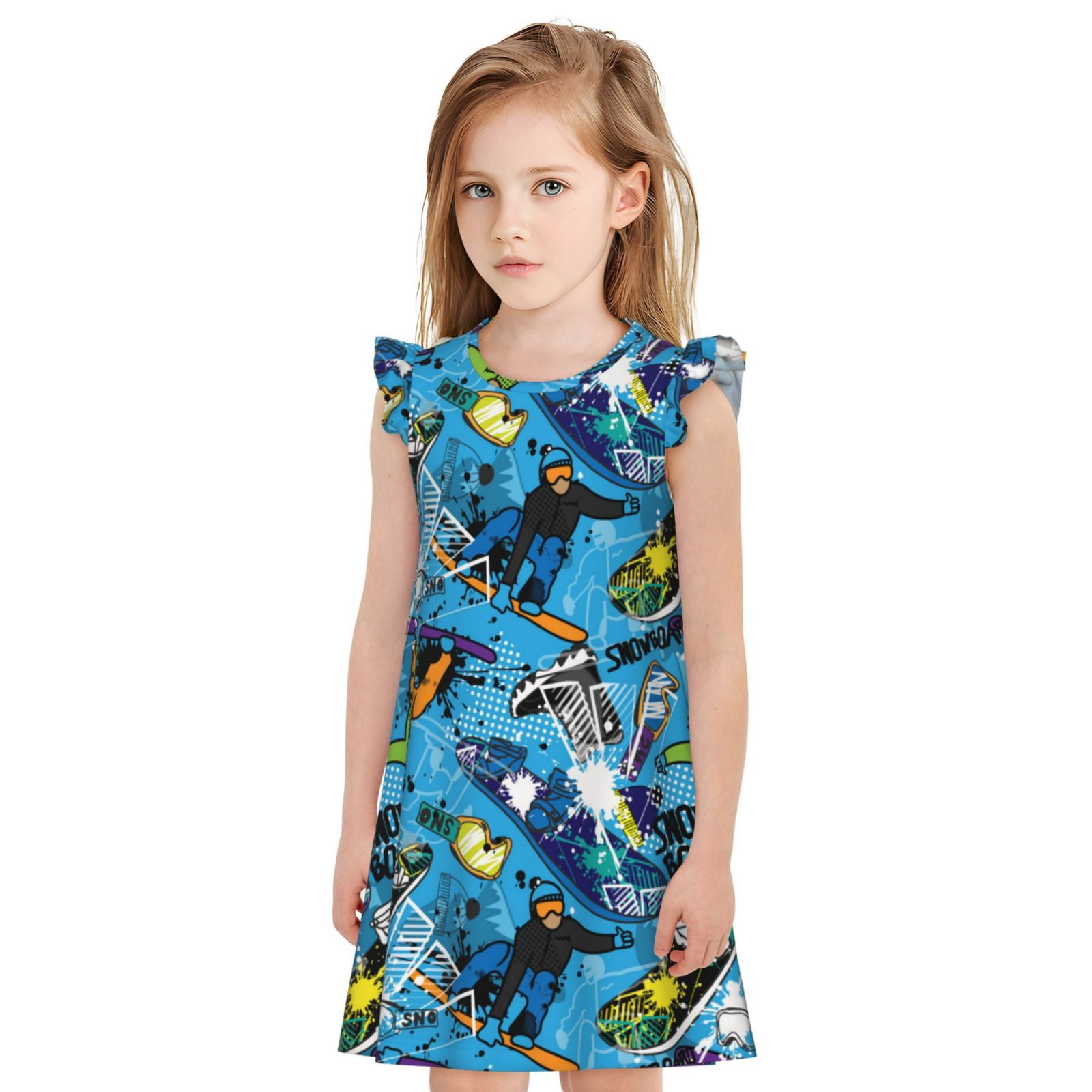 Girls Nightgowns, snow board blue Pajamas for Girls, Soft Flutter Short