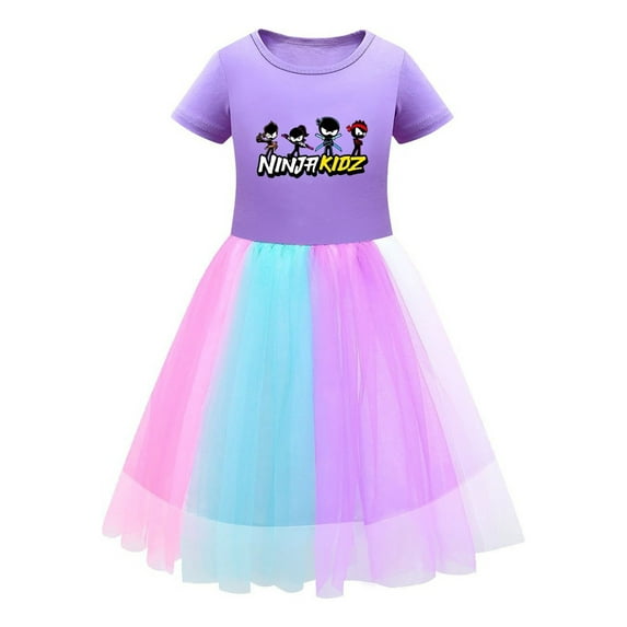 Girls Ninja Dress with Cartoon Ninja Kidz Print – Tulle Skirt and Crewneck Short Sleeve Design – Comfortable and Stylish Partywear for Kids