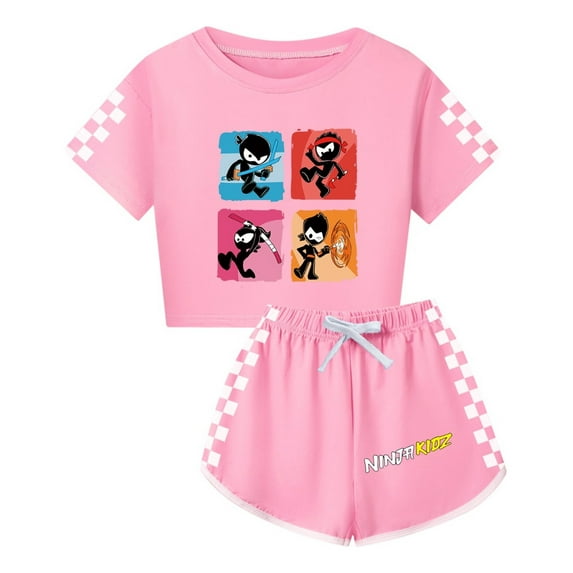 Girls Ninja Kidz Outfit – Crop Top and Shorts Set with Cartoon Ninjas – Summer Activewear for Kids