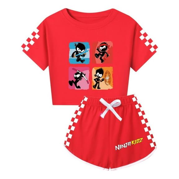 Girls Ninja Kidz Outfit – Crop Top and Shorts Set with Cartoon Ninjas – Summer Activewear for Kids