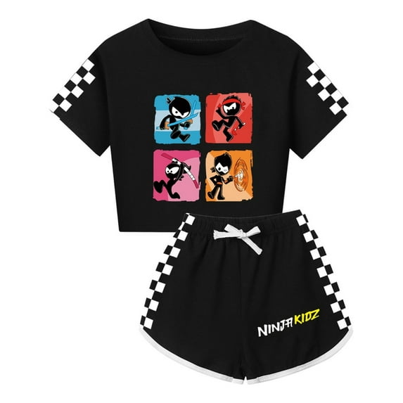 Girls Ninja Kidz Outfit – Crop Top and Shorts Set with Cartoon Ninjas – Summer Activewear for Kids