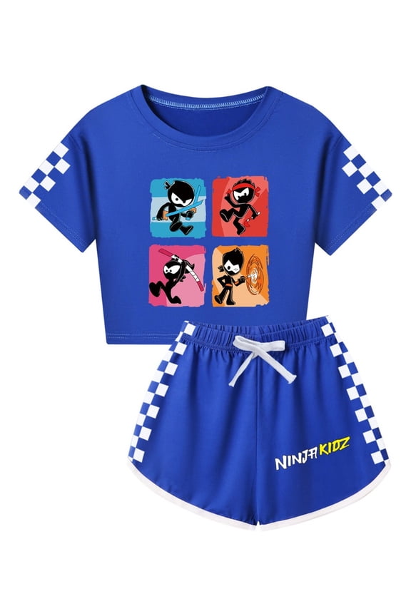 Girls Ninja Kidz Outfit – Crop Top and Shorts Set with Cartoon Ninjas – Summer Activewear for Kids