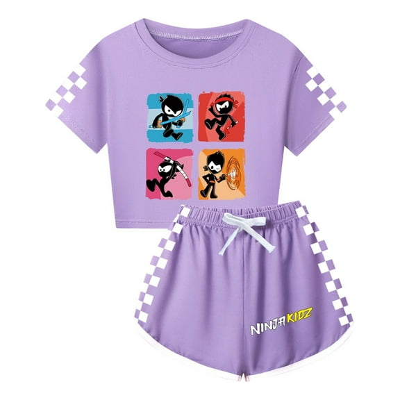 Girls Ninja Kidz Outfit – Crop Top and Shorts Set with Cartoon Ninjas – Summer Activewear for Kids