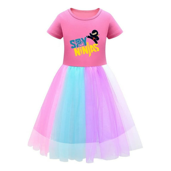 Girls Ninja Kidz Summer – Rainbow Tulle Skirt and Cartoon Top – Bright and Fun Dress Birthday Events Casual Days