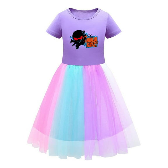 Girls Ninja Kidz Tutu Dress – Cute Short Sleeve Party with Colorful Tulle – Summer Outfit for Kids with Fun Cartoon Design