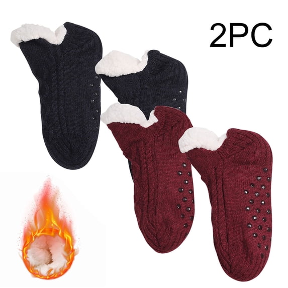 Girls No Show Socks 2pc Kids Slipper Socks Boys Girls Winter Warm Cozy Fleece Thermal Thick Snow Socks with Grips Non Slip Thigh High Socks Wine 6Y