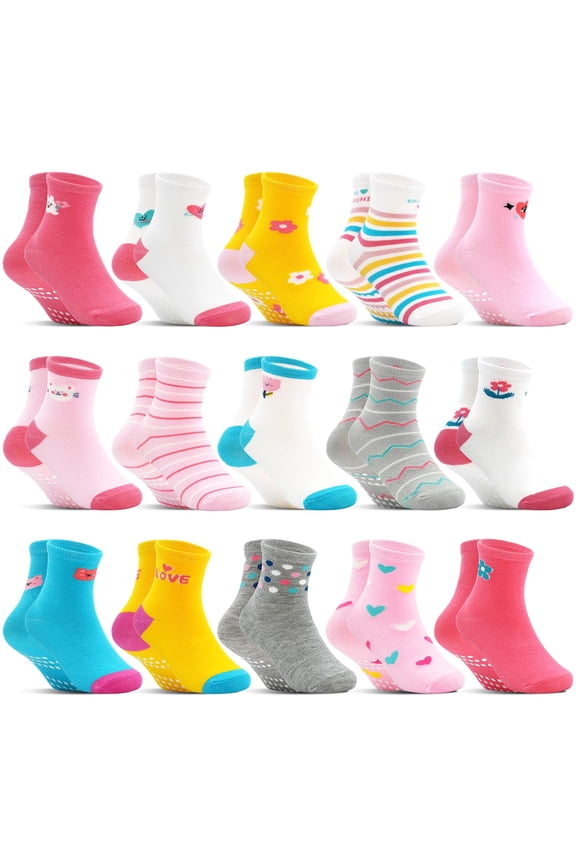 Girls Non Slip Socks 15 Pairs, Toddler Soft Cartoon Socks with Gripper for Girls 1-7 Years