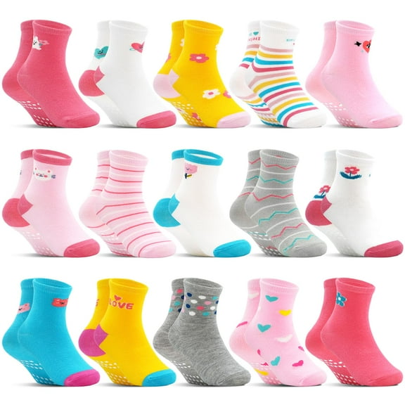 Girls Non Slip Socks 15 Pairs, Toddler Soft Cartoon Socks with Gripper for Girls 1-7 Years