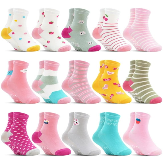 Girls Non Slip Socks 15 Pairs, Toddler Soft Cartoon Socks with Gripper for Girls 1-7 Years
