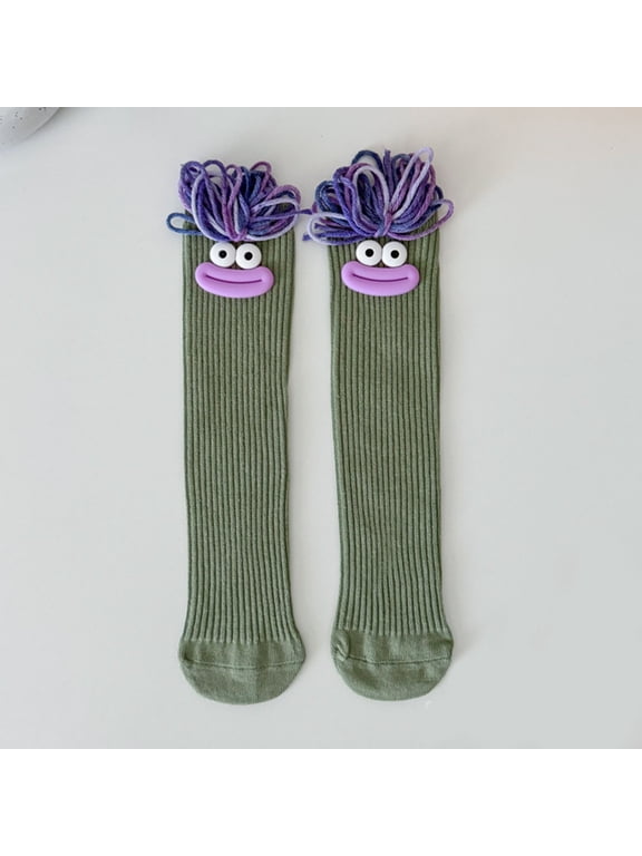 Girls Novelty Socks 3D Cartoon Face Crew Sock, Funny Braided Ribbed Mid Calf Sock, Soft Colorful Playful Kids Casual Fashion Socks