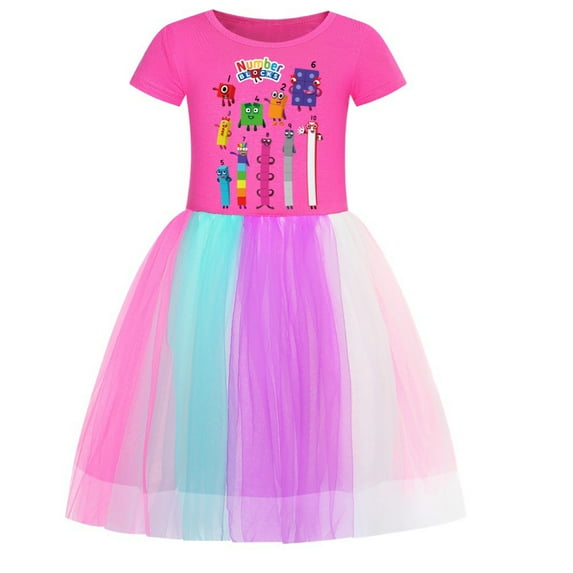 Girls Number Block Anime Fans Cartoon Graphics Casual Tutu Tulle Dress Costume Summer Short Sleeve Cute Print Playwear Round Neck Rainbow Star Ruffle Skirt Role Play Party Clothes Outfits Gift 3-9 