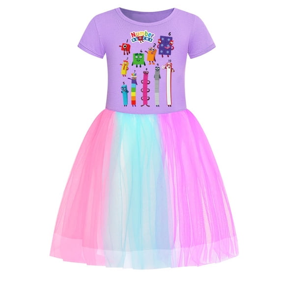 Girls Number Block Anime Fans Cartoon Graphics Casual Tutu Tulle Dress Costume Summer Short Sleeve Cute Print Playwear Round Neck Rainbow Star Ruffle Skirt Role Play Party Clothes Outfits Gift 3-9 