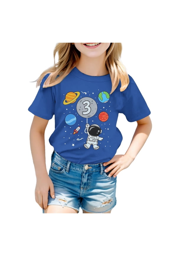 Girls' Number Three Astronaut Cartoon Print Round Neck Short Sleeve T-Shirt Top Blue 3 Y-4 Y