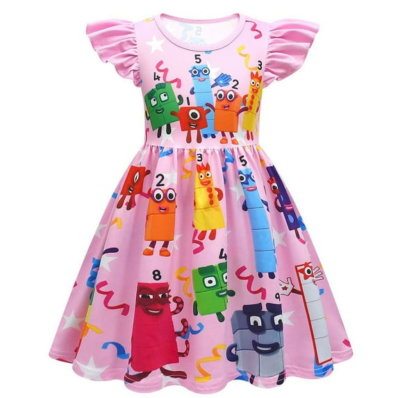Girls Numberblock Anime Cartoon Graphics Printed Casual Costume Summer Flying Sleeves Short Sleeve Cute Playwear A-line Flutter Fold Skirt Role Play Party Ruffle Princess Dress Kids Outfits 2-9 