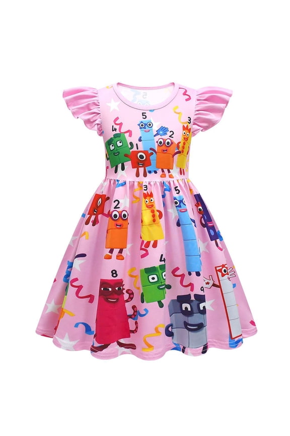Girls Numberblock Anime Cartoon Graphics Printed Casual Costume Summer Flying Sleeves Short Sleeve Cute Playwear A-line Flutter Fold Skirt Role Play Party Ruffle Princess Dress Kids Outfits 2-9 