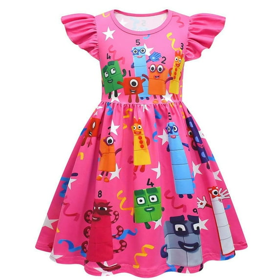 Girls Numberblock Anime Cartoon Graphics Printed Casual Costume Summer Flying Sleeves Short Sleeve Cute Playwear A-line Flutter Fold Skirt Role Play Party Ruffle Princess Dress Kids Outfits 2-9 