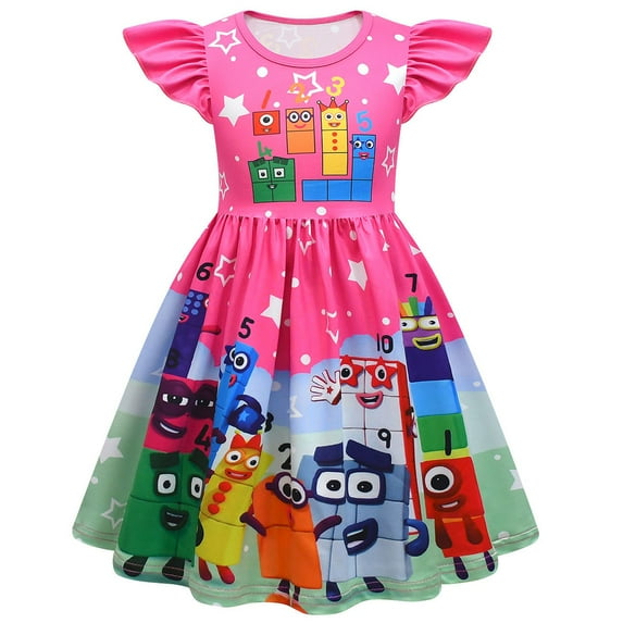 Girls Numberblock Cartoon Graphics Printed Casual Costume Summer Flying Sleeves Short Sleeve Cute Playwear A-line Flutter Fold Skirt Role Play Party Ruffle Princess Dress Kids Anime Outfits 2-9 