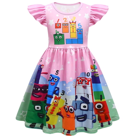Girls Numberblock Cartoon Graphics Printed Casual Costume Summer Flying Sleeves Short Sleeve Cute Playwear A-line Flutter Fold Skirt Role Play Party Ruffle Princess Dress Kids Anime Outfits 2-9 
