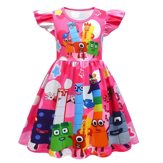 Girls Numberblock Cartoon Graphics Printed Casual Costume Summer Flying Sleeves Short Sleeve Cute Playwear A-line Flutter Fold Skirt Role Play Party Ruffle Princess Dress Kids Anime Outfits 2-9 