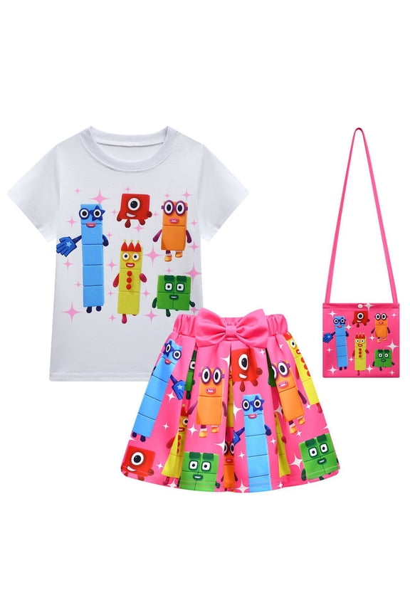 Girls Numberblock Tv Anime Cartoon Graphics Printed Costume Short Dress T-Shirt Bag 3 Pcs Outfit Summer Tutu Dance Pleated Skirt Tees Sets Casual Tops Princess Party Clothes Kids Cosplay Gifts 2-9
