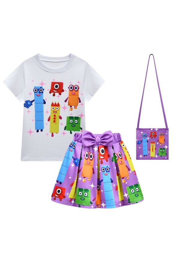 Girls Numberblock Tv Anime Cartoon Graphics Printed Costume Short Dress T-Shirt Bag 3 Pcs Outfit Summer Tutu Dance Pleated Skirt Tees Sets Casual Tops Princess Party Clothes Kids Cosplay Gifts 2-9