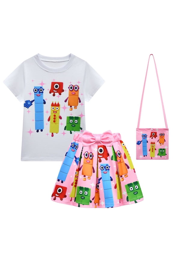 Girls Numberblock Tv Anime Cartoon Graphics Printed Costume Short Dress T-Shirt Bag 3 Pcs Outfit Summer Tutu Dance Pleated Skirt Tees Sets Casual Tops Princess Party Clothes Kids Cosplay Gifts 2-9