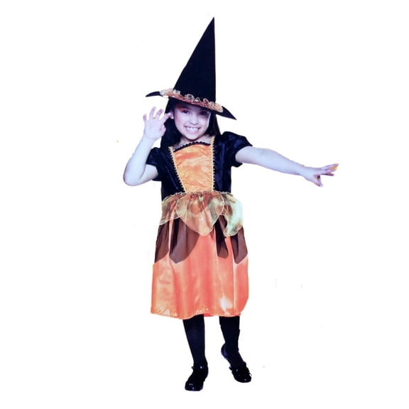 Girls October Witch Child Halloween Costume Orange and Black Witch Medium (6-8)