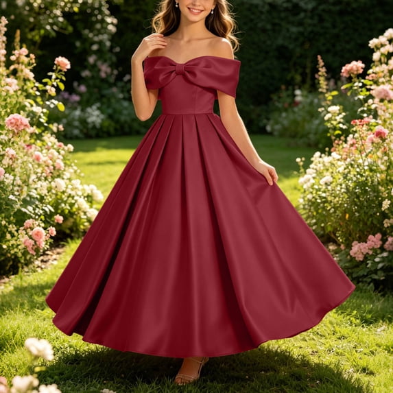 Girls Off Shoulder Big Bow Maxi Formal Dress A Line Satin Long Gown Kids Wedding Birthday Party Dress Wine 13--14 Years