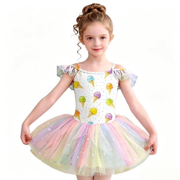 Girls Off Shoulder Butterfly Print Ballet Tutu Dress Rainbow Tulle Skirted Leotard Gymnastics Dance Costume for Kids 3-7 Years Old