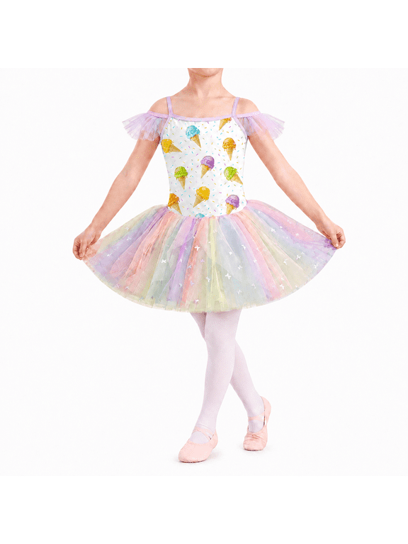 Toddler Girls Ballet Leotard with Tutu Skirt Ruffle Sleeve Dance Costume Ages 3-7