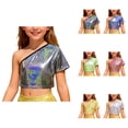 thumbnail image 1 of Girls Off Shoulder Cropped Top with Allover Micro Leopard Print, Tie-Front Casual Tee for Dance, Party & Summer Wear, 1 of 4