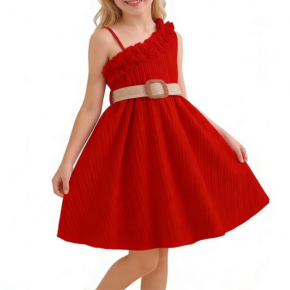 Girls Off Shoulder Dresses Size 8 Cute Casual Ruffle Hem Summer Dress Aline Beach Vacation Outfits Red, 10 Years