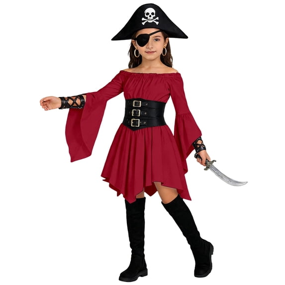 Girls Off Shoulder Halloween Medieval Pirate Dress, Ruffle Flare Sleeve Handkerchief Hem Costume Dress for Party, 3-12 Years