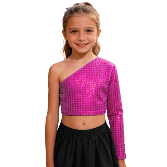 Girls Off Shoulder Long Sleeve Top with Polka Print and Cropped Shirt Casual Party Glitter Tee Shirts for Teens