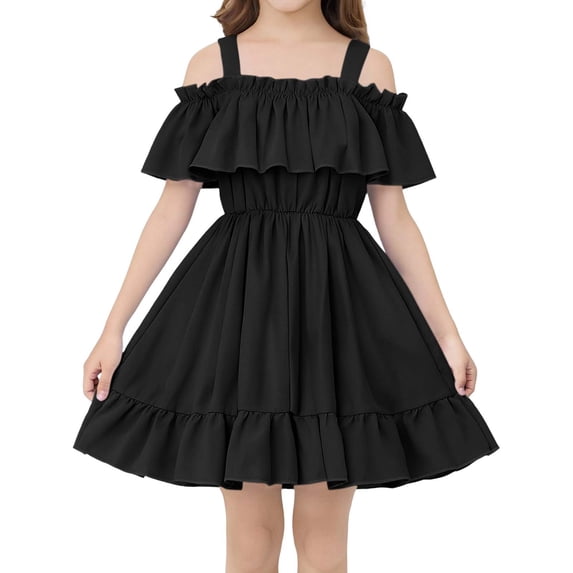 Girls Off Shoulder Ruffle Dress Kids Short Sleeve A Line Summer Casual Party Dress for Little Girls Black,Size 1-2T