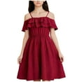 thumbnail image 1 of Girls Off Shoulder Ruffle Dress Wine Red Party Dress for Kids 7-12 Years A-Line Elastic Waist Play Dress,Size 11-12 T, 1 of 6