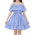 thumbnail image 1 of Girls Off Shoulder Ruffle Kids A-Line Sleeveless Elastic Waist Summer Party Dress Blue,Size 2-3T, 1 of 5