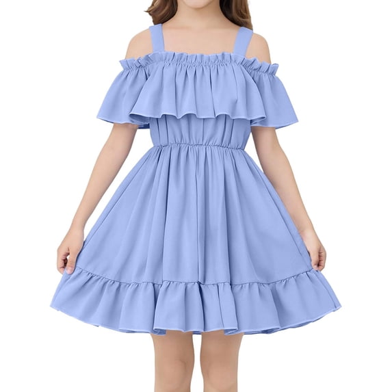 Girls Off Shoulder Ruffle Kids A-Line Sleeveless Elastic Waist Summer Party Dress Blue,Size 2-3T