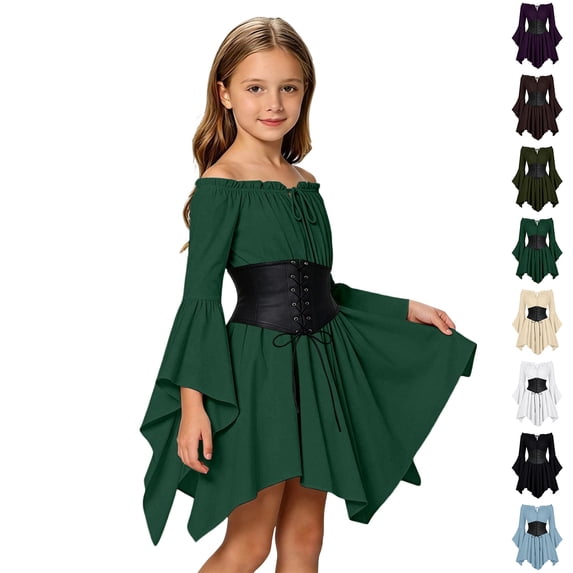 Girls Off Shoulder Ruffled Dresses Pirate Dress with Sash Two Piece Set Pirate Cosplay Kids Halloween Girls Size 3-11 Years