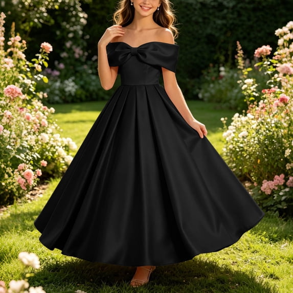 Girls Off Shoulder Satin Gown Front Bowknot Smocked Cinched Maxi Dress Tween Girls Elegant A-Line Evening Dress Black 13-14 Years