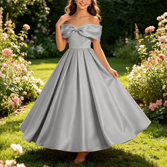 Girls Off Shoulder Satin Gown Front Bowknot Smocked Cinched Maxi Dress Tween Girls Elegant A-Line Evening Dress Silver 11-12 Years