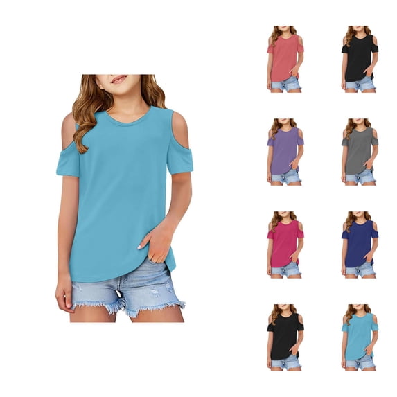 Girls Off Shoulder Shirt Solid Color Short Sleeve T Shirts Summer Crewneck Outdoor Basic Tops 3-12 Years