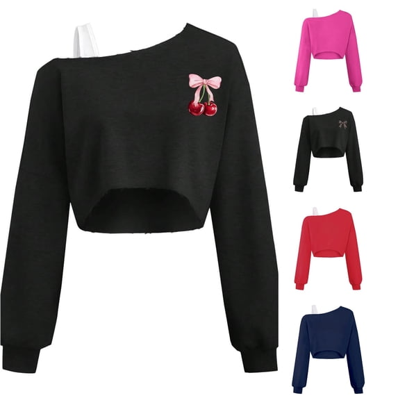 Girls Off Shoulder Sweatshirt Asymmetric Long Sleeve Crop Top Cute Casual Pullover Tee Shirt