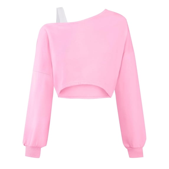 Girls Off Shoulder Sweatshirt Asymmetrical Long Sleeve Crop Top Cute Pullover Casual Shirt for Spring Fall Outings